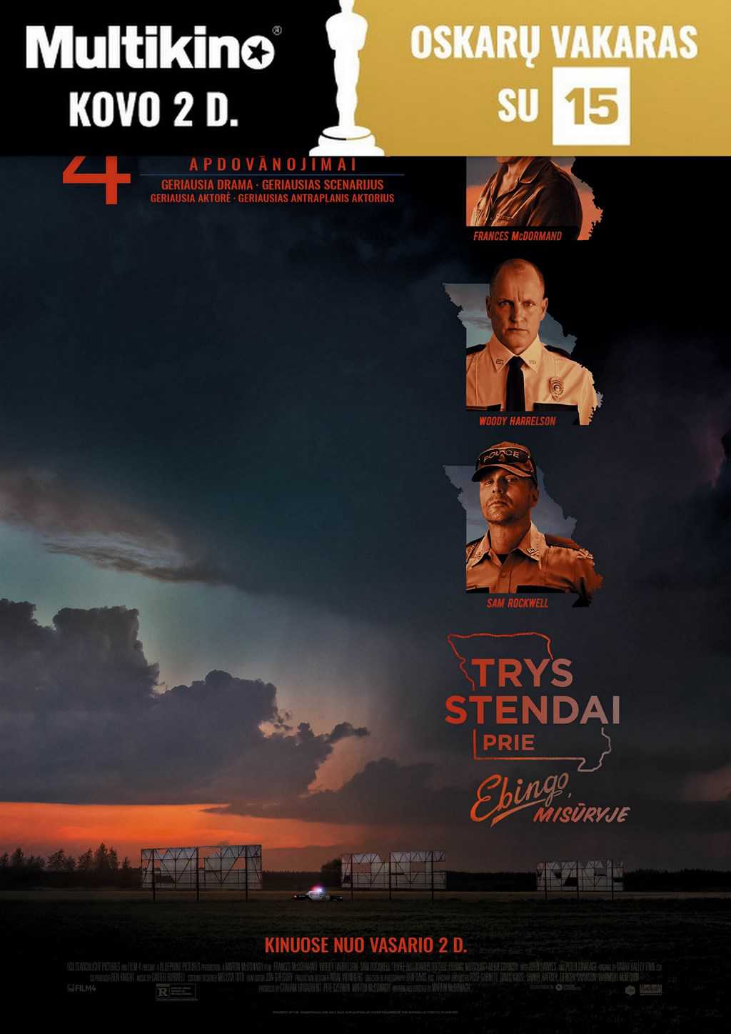 Oskarų vakaras : Trys stendai prie ebingo, misūryje (Three Billboards Outside Ebbing, Missouri)